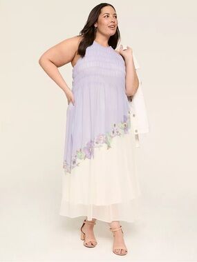 Lane Bryant Shirred-Bodice Maxi Sun Dress in Lilac Size 14/16 Resort floral
